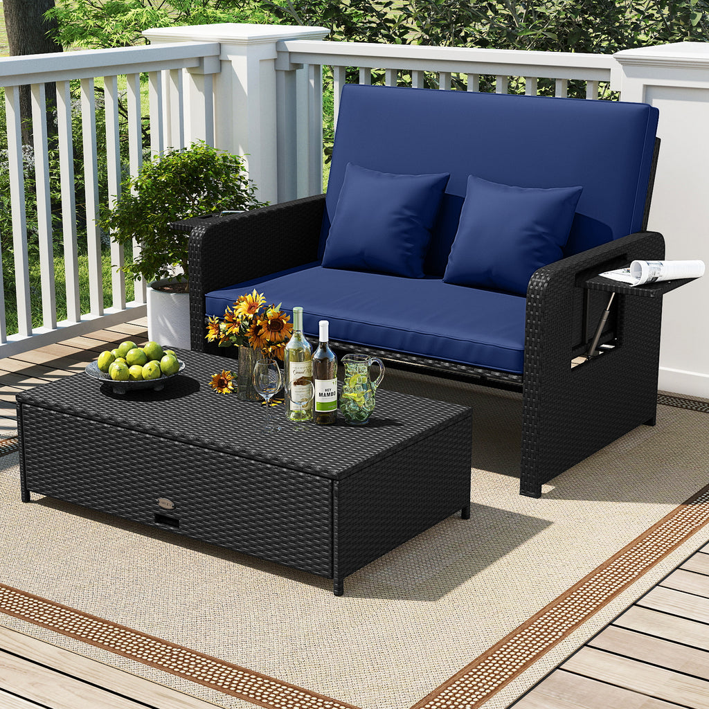 PE Wicker Outdoor Daybed with 4-Level Adjustable Backrest - Navy