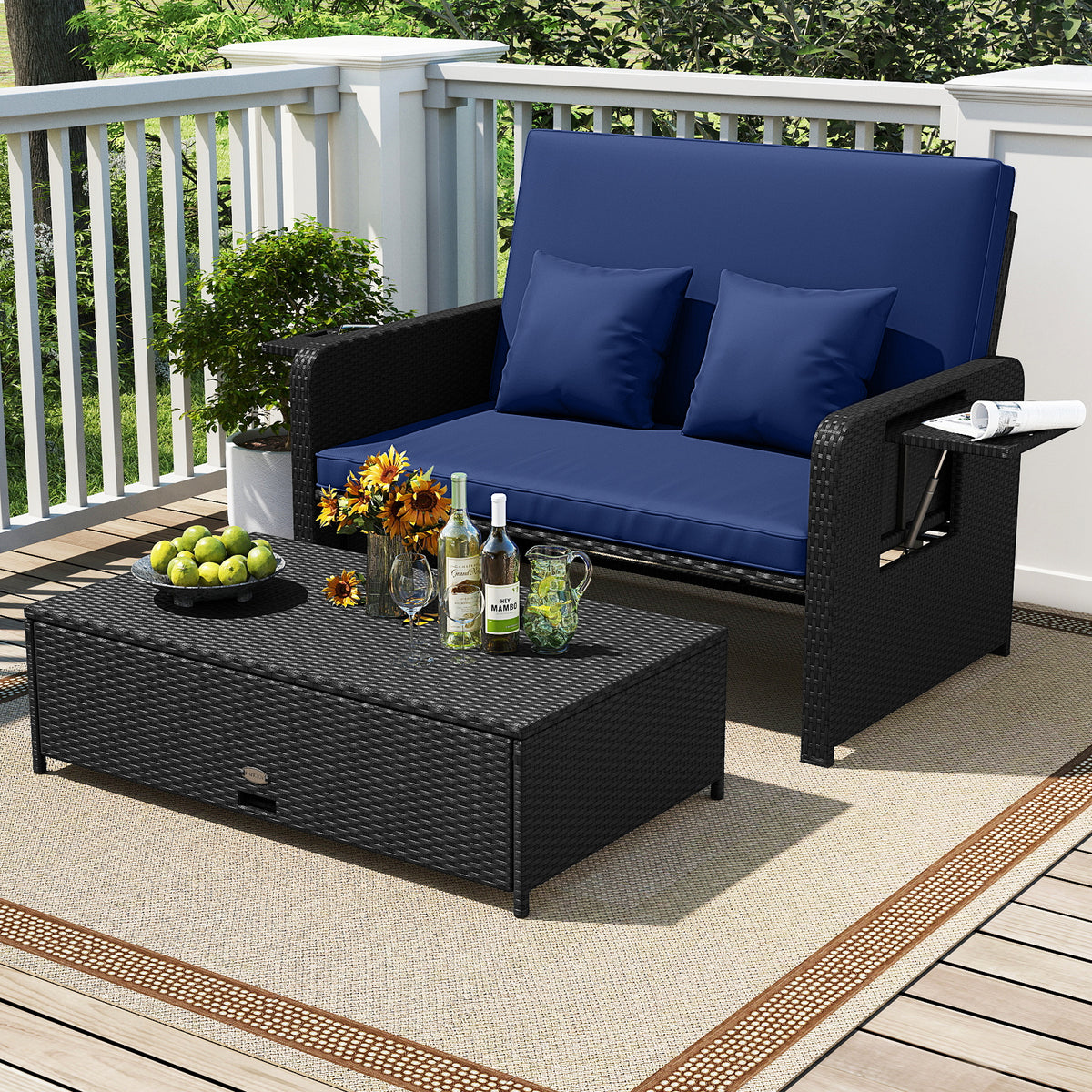 PE Wicker Outdoor Daybed with 4-Level Adjustable Backrest - Navy