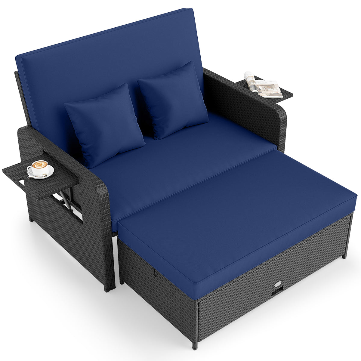 PE Wicker Outdoor Daybed with 4-Level Adjustable Backrest - Navy