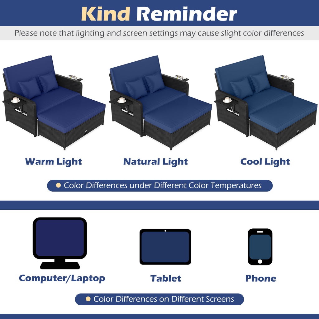 PE Wicker Outdoor Daybed with 4-Level Adjustable Backrest - Navy