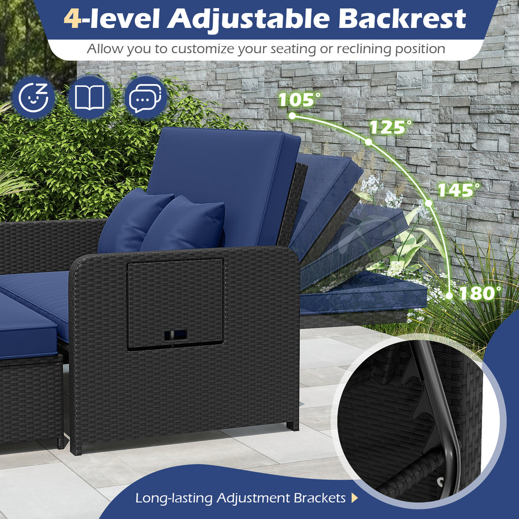 PE Wicker Outdoor Daybed with 4-Level Adjustable Backrest - Navy