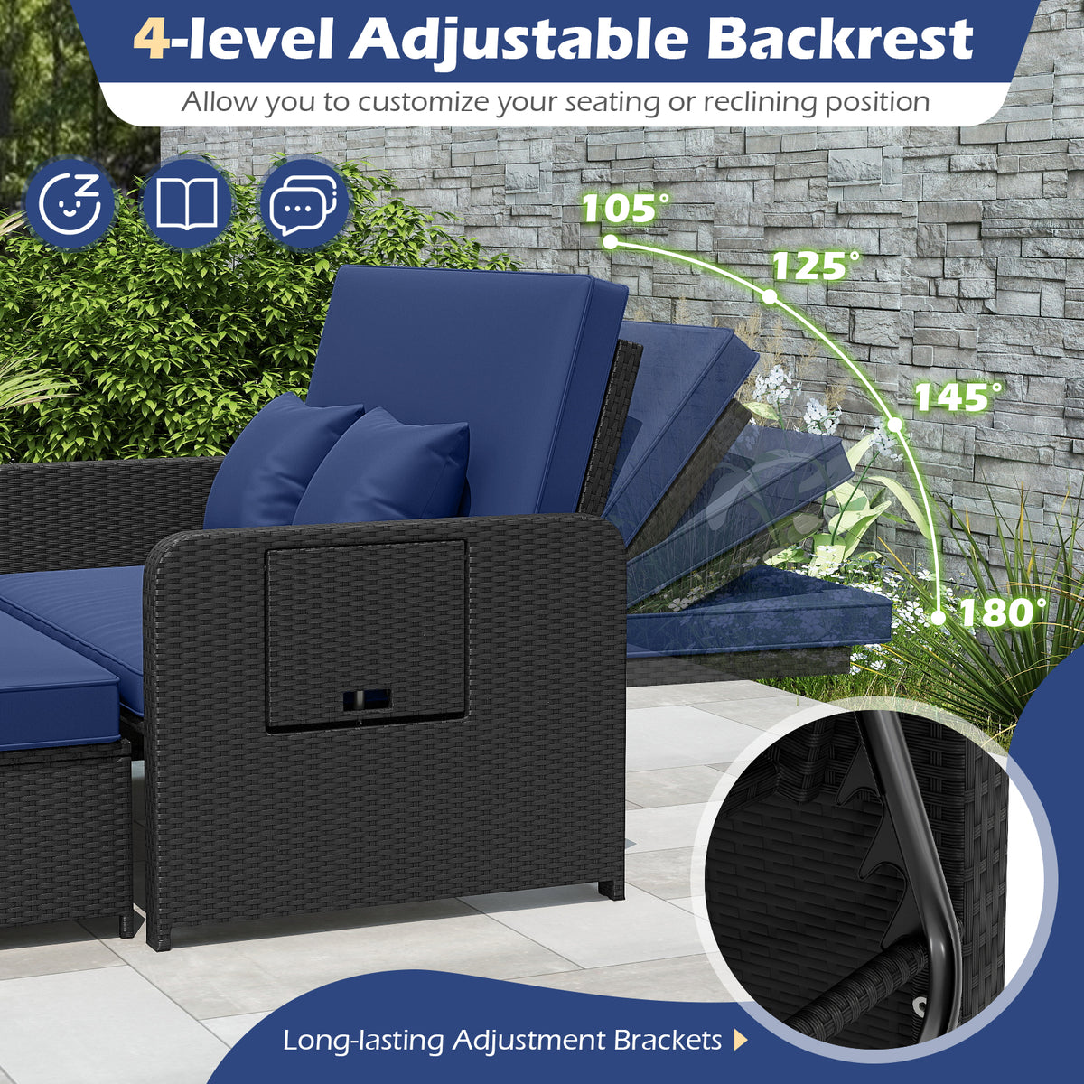 PE Wicker Outdoor Daybed with 4-Level Adjustable Backrest - Navy