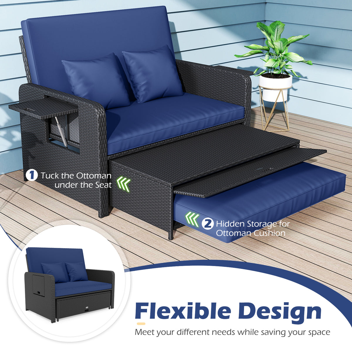 PE Wicker Outdoor Daybed with 4-Level Adjustable Backrest - Navy