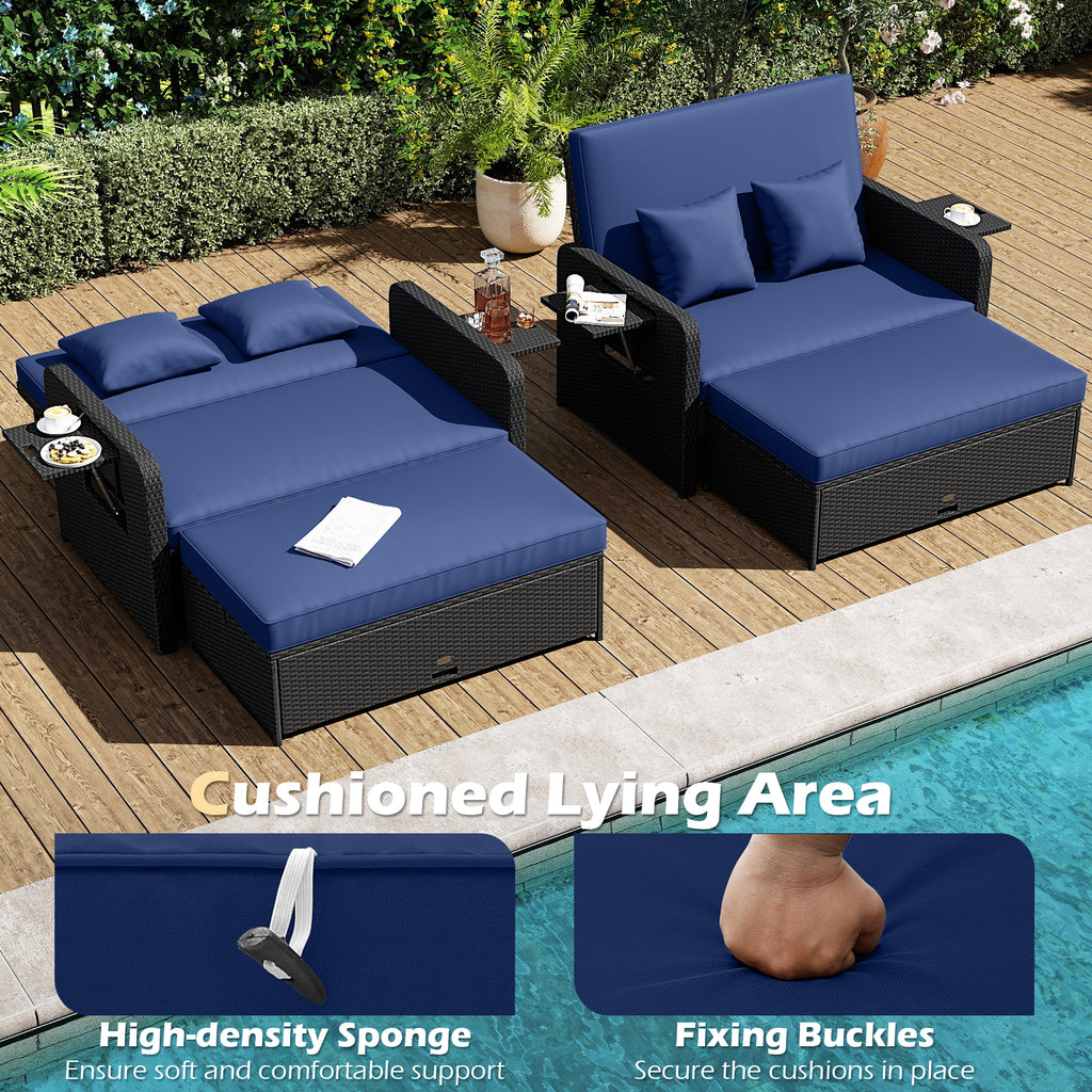 PE Wicker Outdoor Daybed with 4-Level Adjustable Backrest - Navy