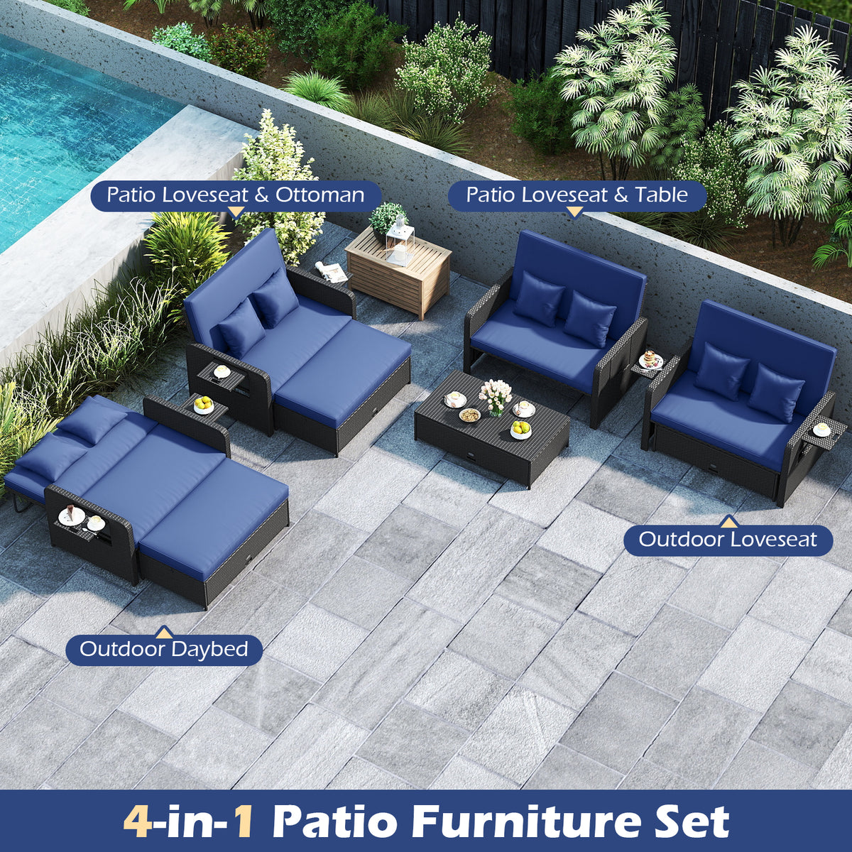 PE Wicker Outdoor Daybed with 4-Level Adjustable Backrest - Navy