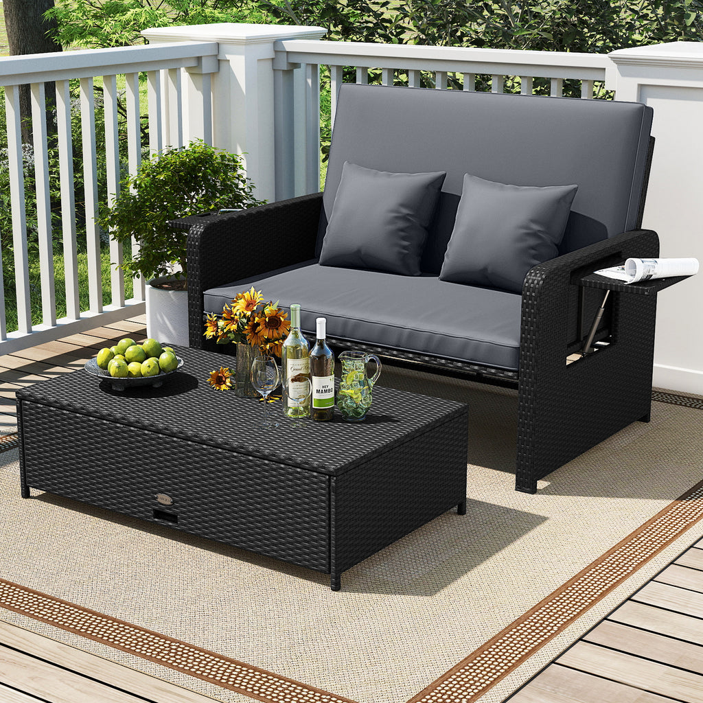 PE Wicker Outdoor Daybed with 4-Level Adjustable Backrest and Storage