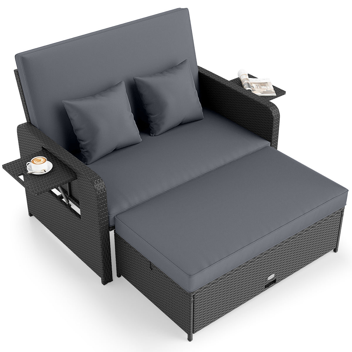 PE Wicker Round Daybed with Retractable Canopy, Navy