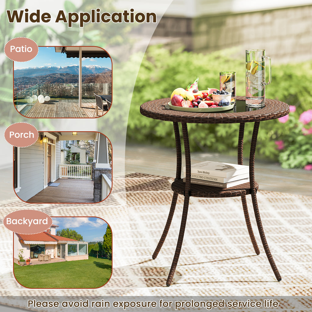 PE Wicker Patio Bistro Table Round with Tempered Glass Top and Shelf