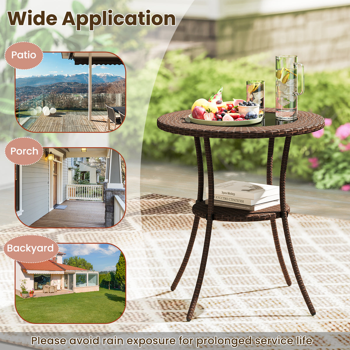 PE Wicker Patio Bistro Table Round with Tempered Glass Top and Shelf