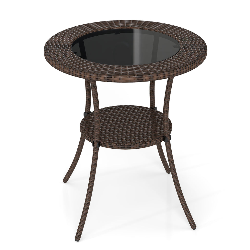 PE Wicker Patio Bistro Table Round with Tempered Glass Top and Shelf