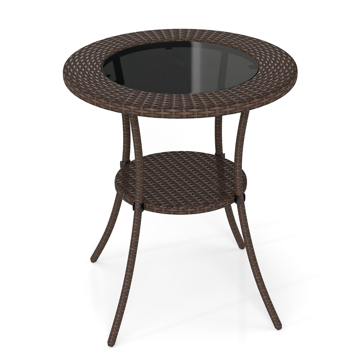 PE Wicker Patio Bistro Table Round with Tempered Glass Top and Shelf