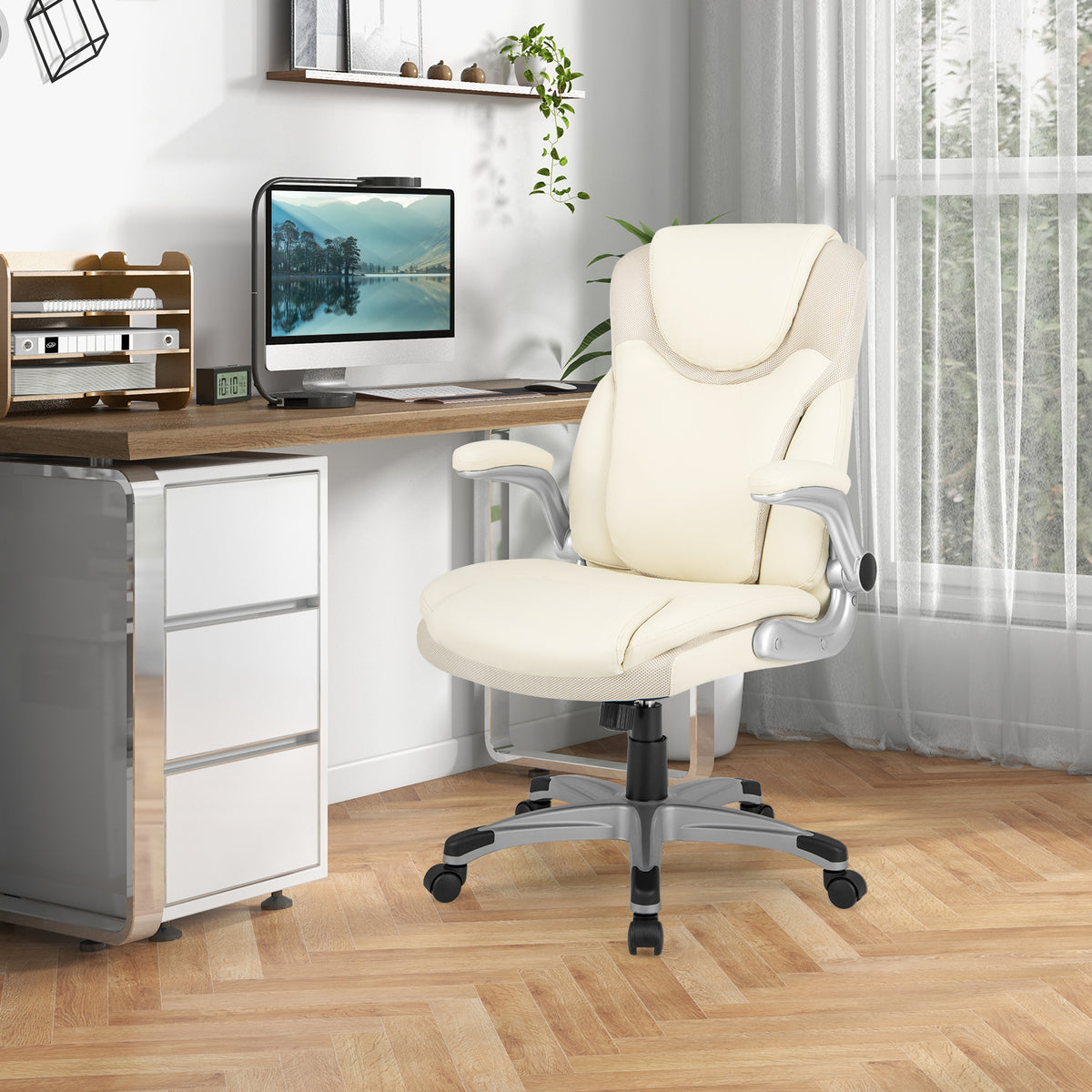 Ergonomic Office PU Leather Executive Chair with Flip-up Armrests and