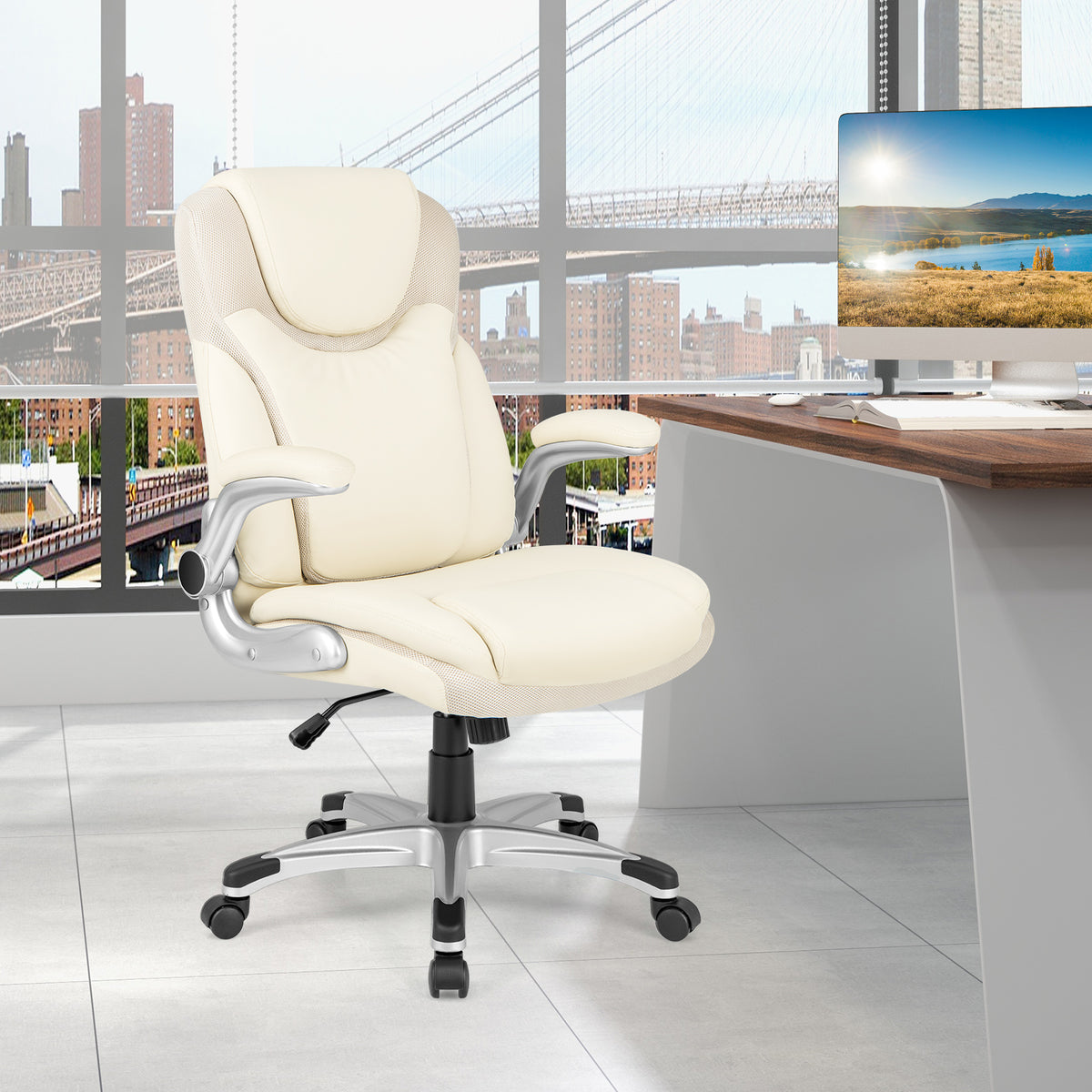 Ergonomic Office PU Leather Executive Chair with Flip-up Armrests and