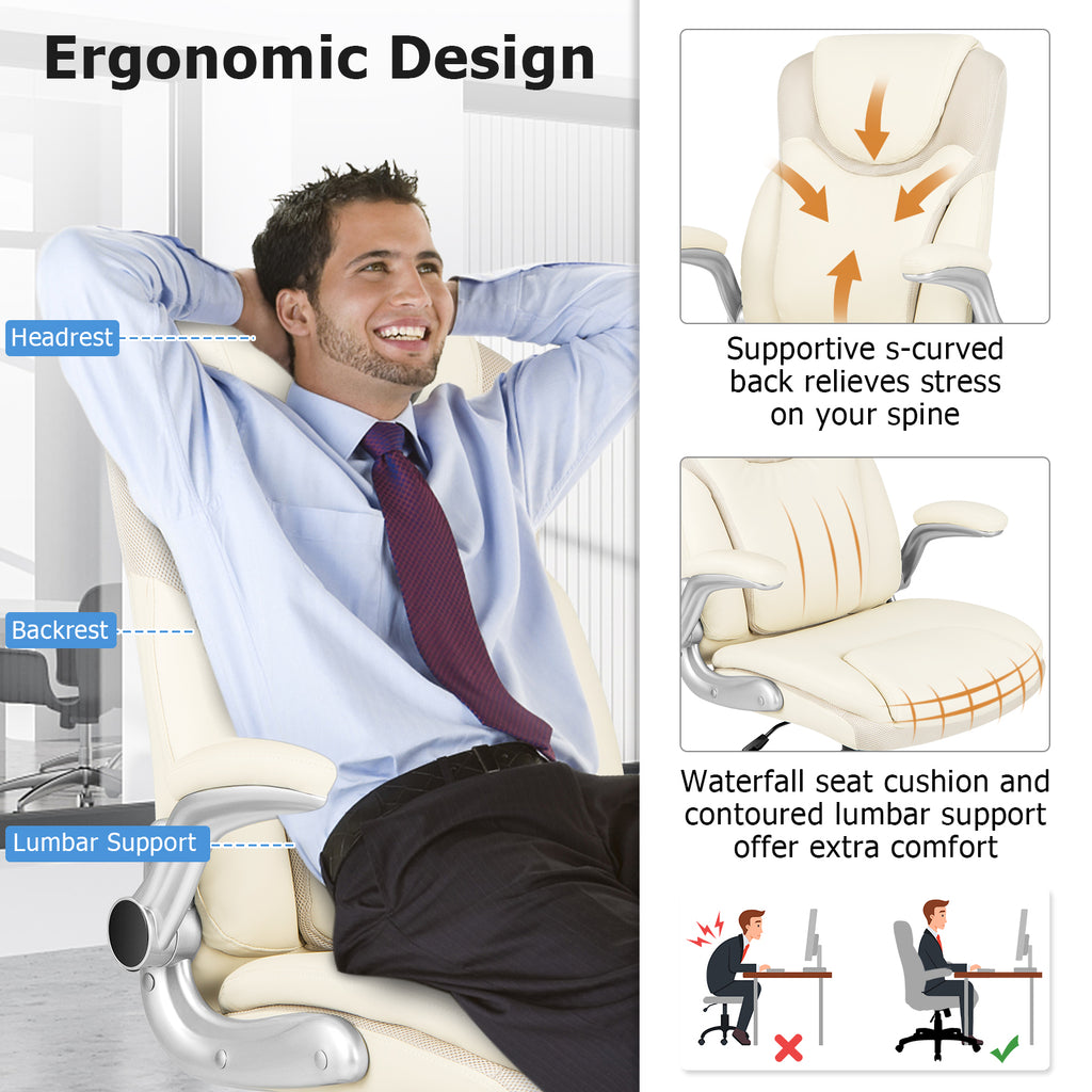 Ergonomic Office PU Leather Executive Chair with Flip-up Armrests and