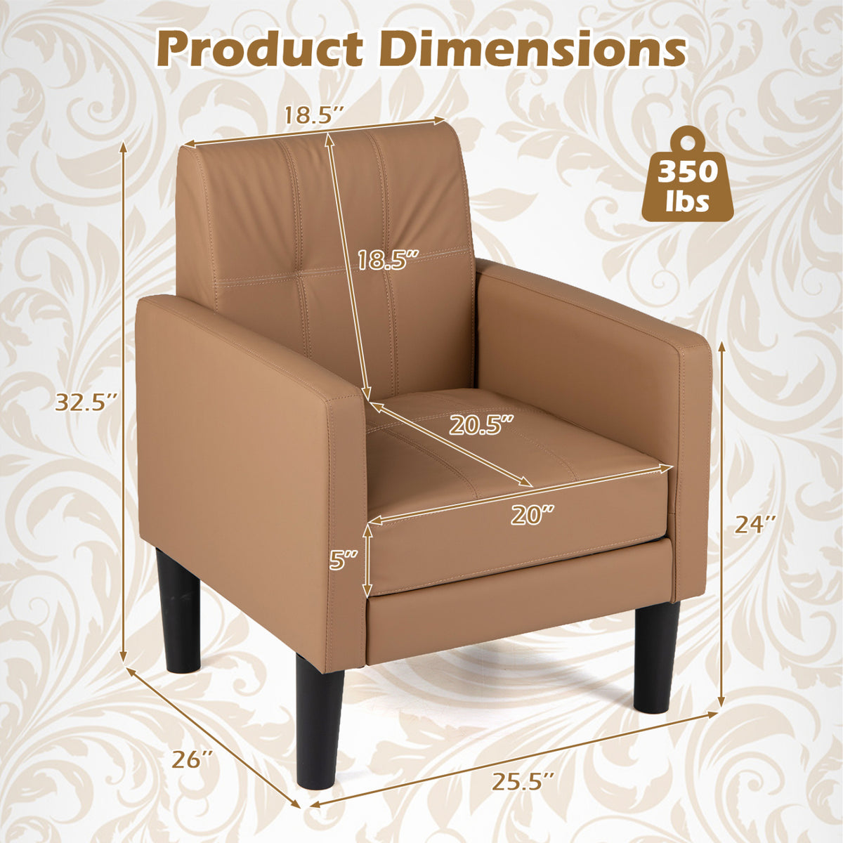 PU Leather Modern Accent Chair with Removable Cushion - Brown