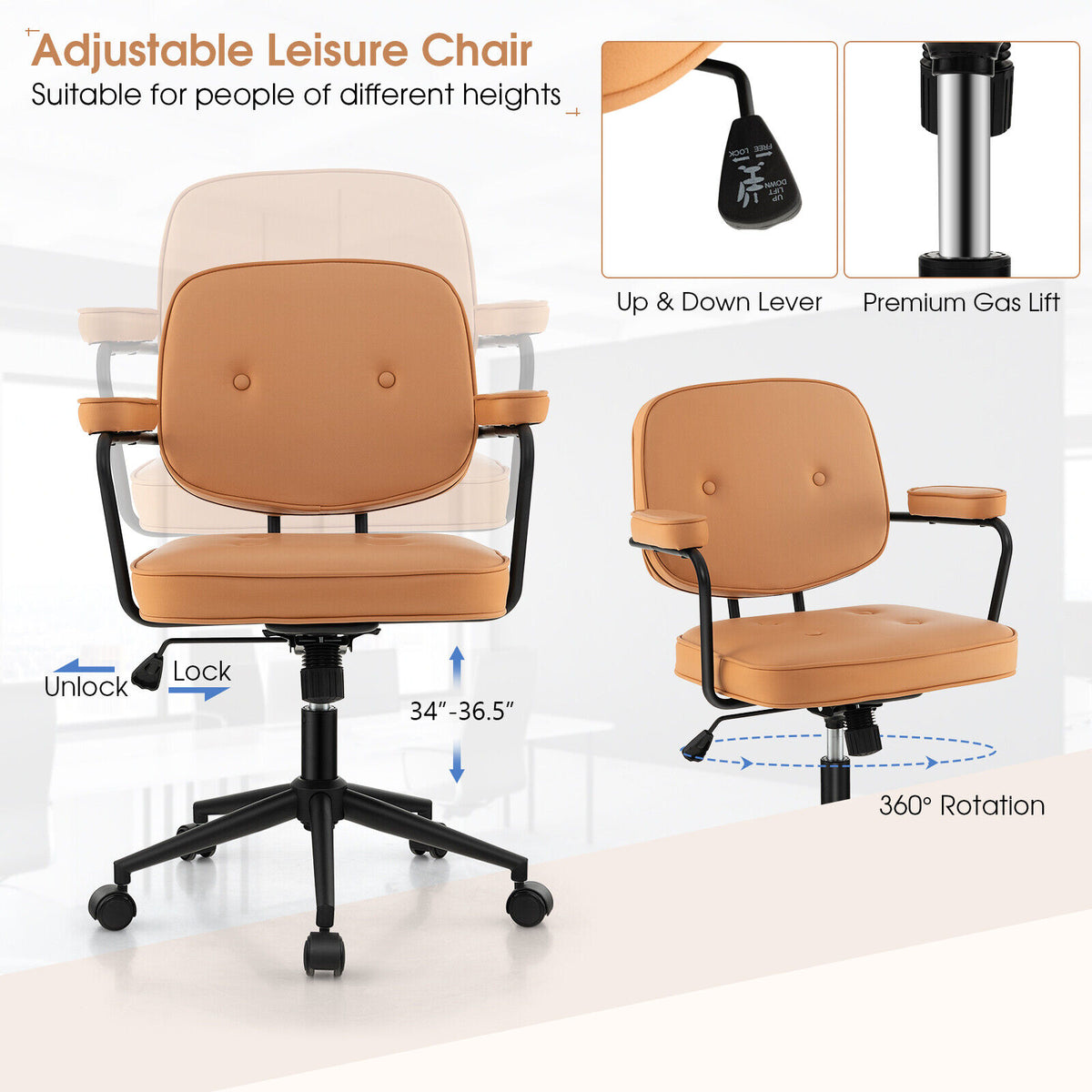 PU Leather Office Chair with Rocking Backrest, Orange - 36" H
