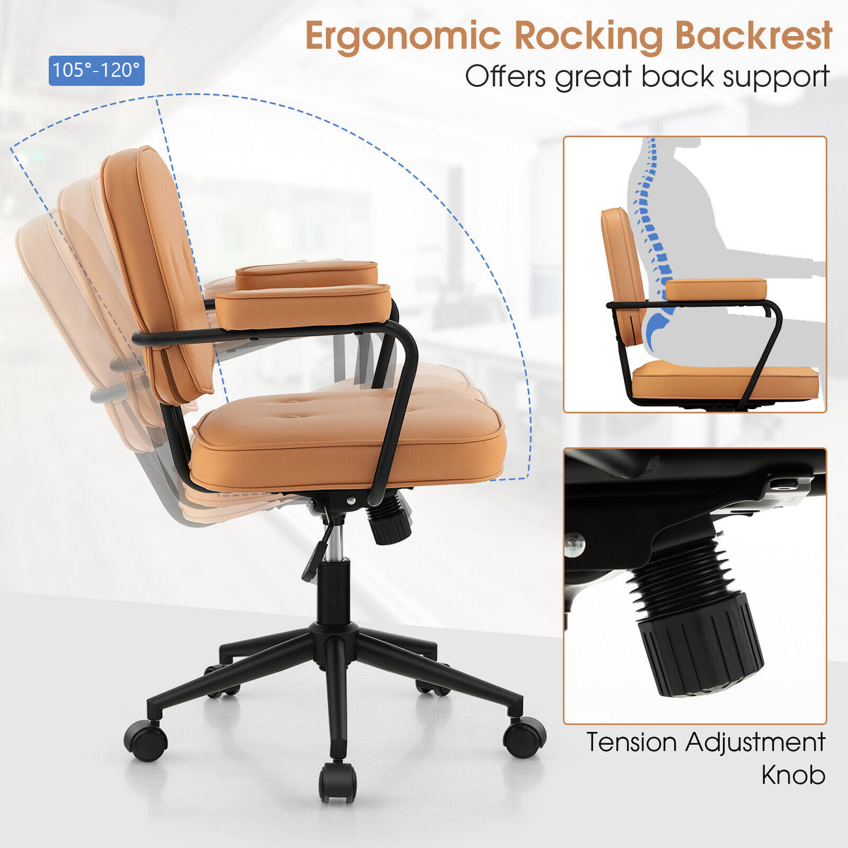 PU Leather Office Chair with Rocking Backrest, Orange - 36" H