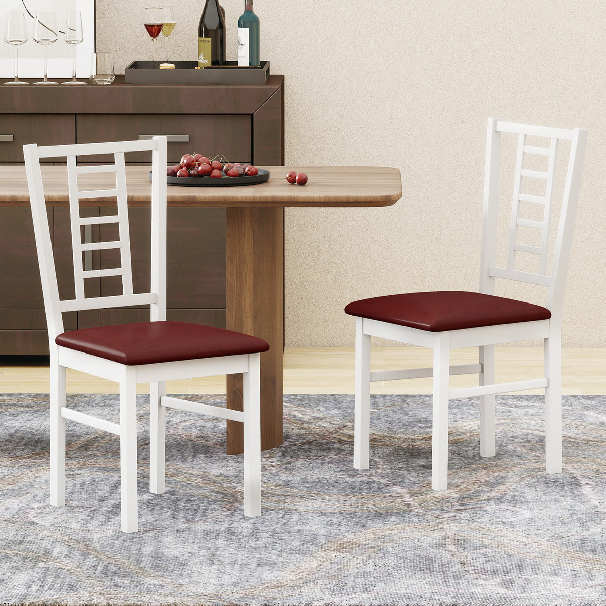 PU Leather Dining Chairs Set of 2 - Ladder Back, White