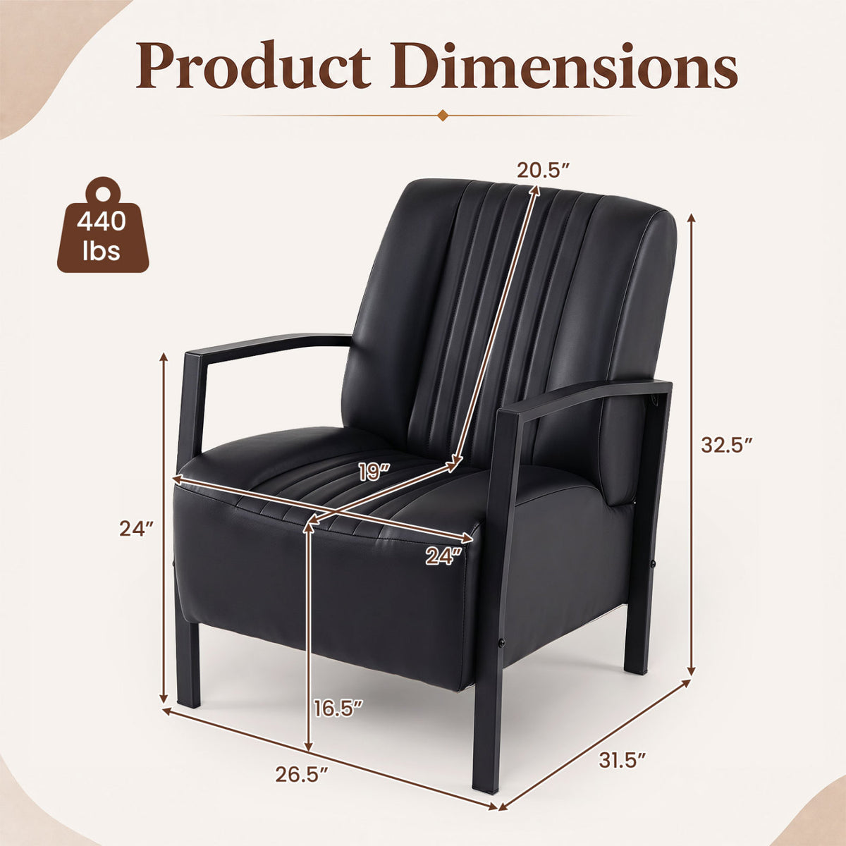 PU Leather Armchair with Padded Seat - Black