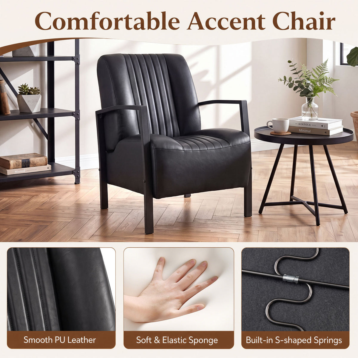 PU Leather Armchair with Padded Seat - Black