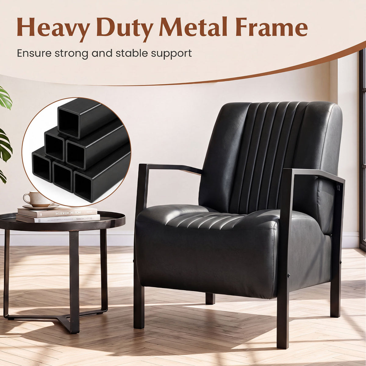 PU Leather Armchair with Padded Seat - Black