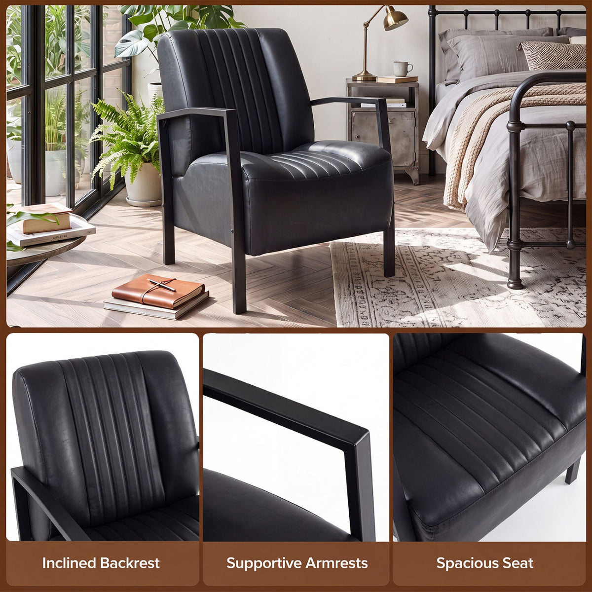 PU Leather Armchair with Padded Seat - Black