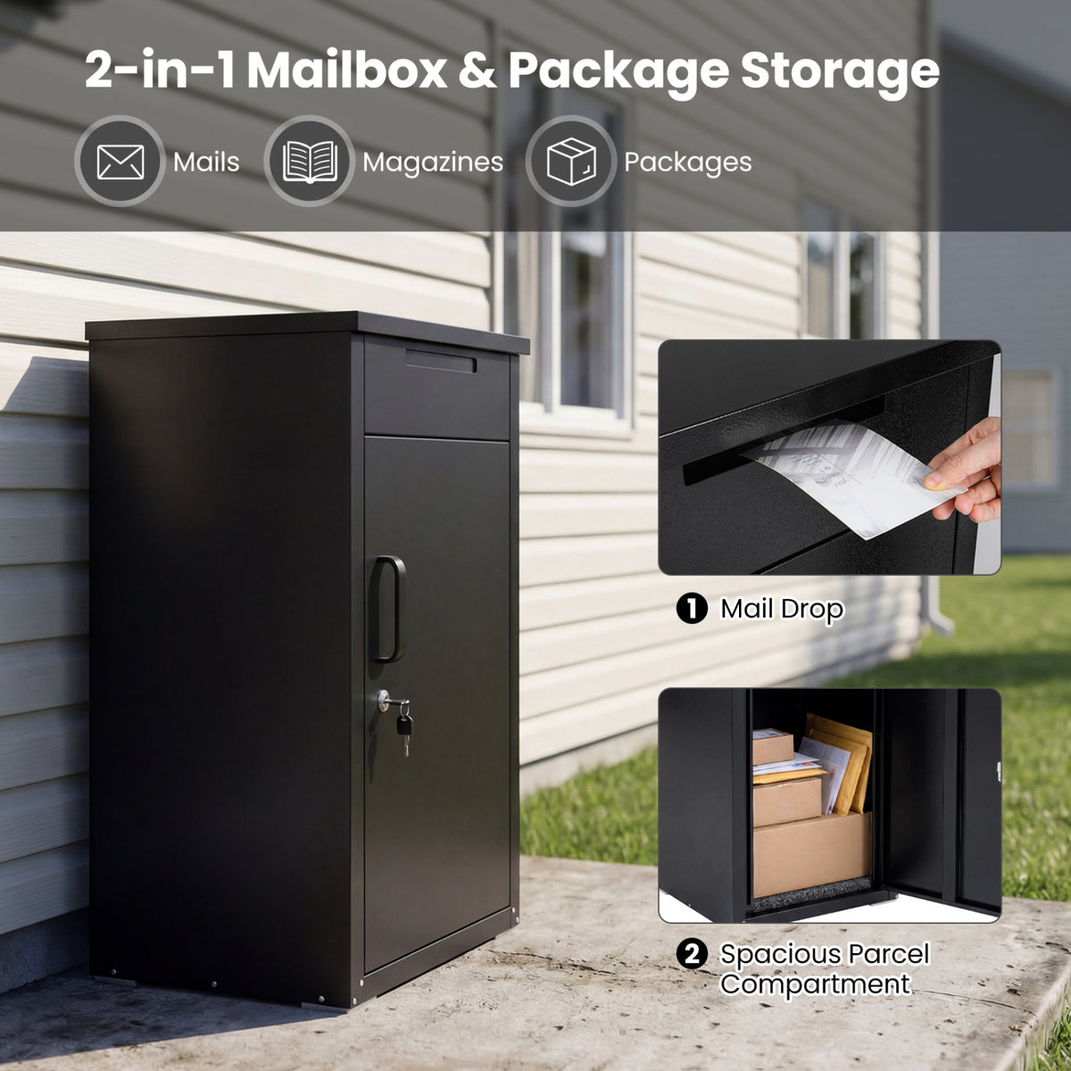 Package Delivery Box with Anti-Theft Door – Black Mailbox
