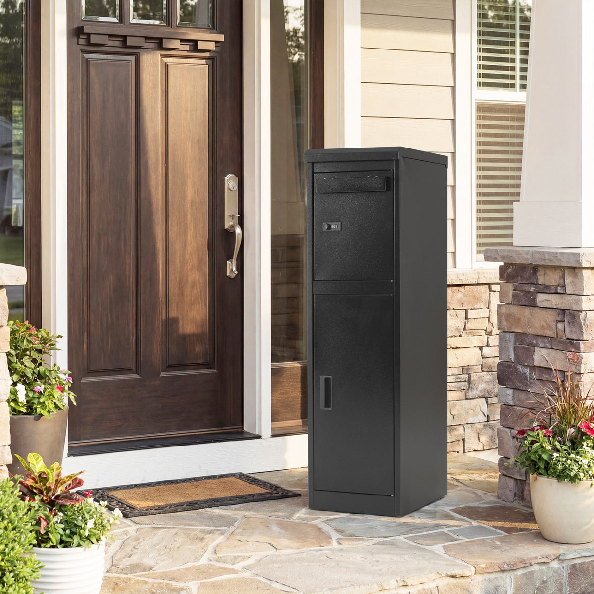 Outdoor Package Delivery Box with Lockable Doors - 44 Inch H with Mailbox, Black