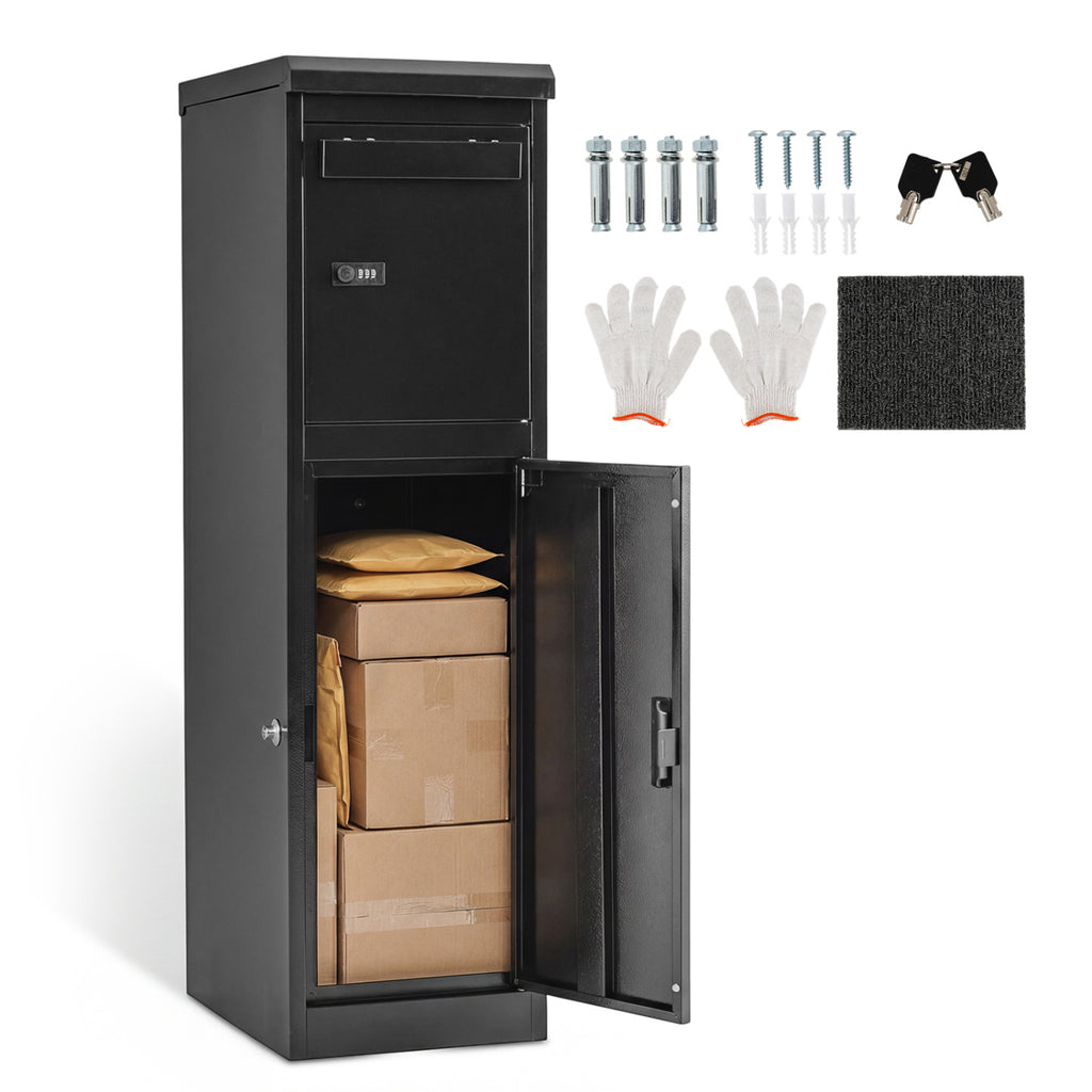Outdoor Package Delivery Box with Lockable Doors - 44 Inch H with Mailbox, Black