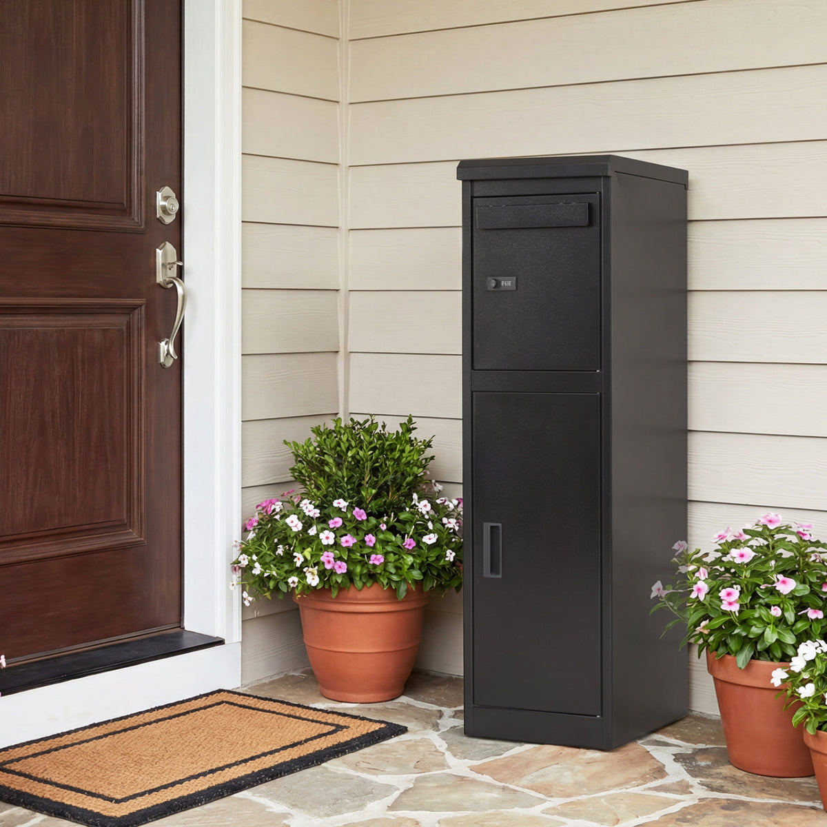 Outdoor Package Delivery Box with Lockable Doors - 44 Inch H with Mailbox, Black