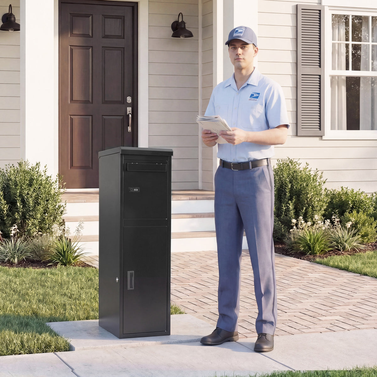 Outdoor Package Delivery Box with Lockable Doors - 44 Inch H with Mailbox, Black