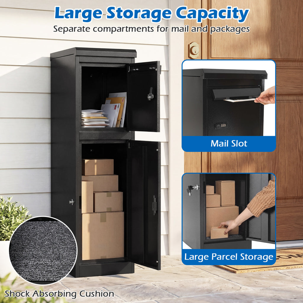Outdoor Package Delivery Box with Lockable Doors - 44 Inch H with Mailbox, Black
