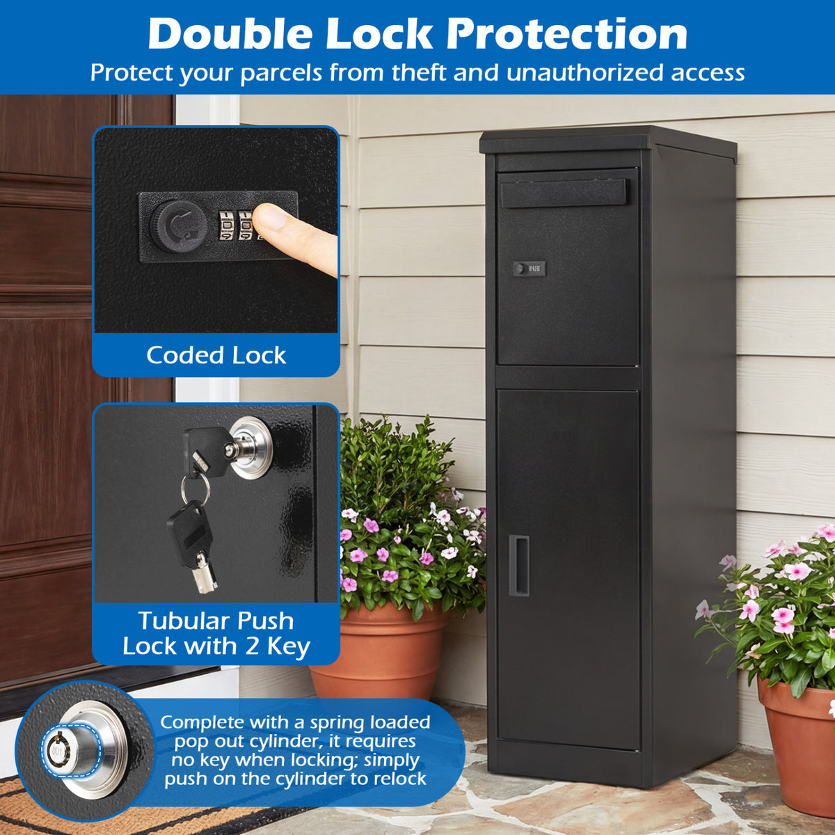 Outdoor Package Delivery Box with Lockable Doors - 44 Inch H with Mailbox, Black