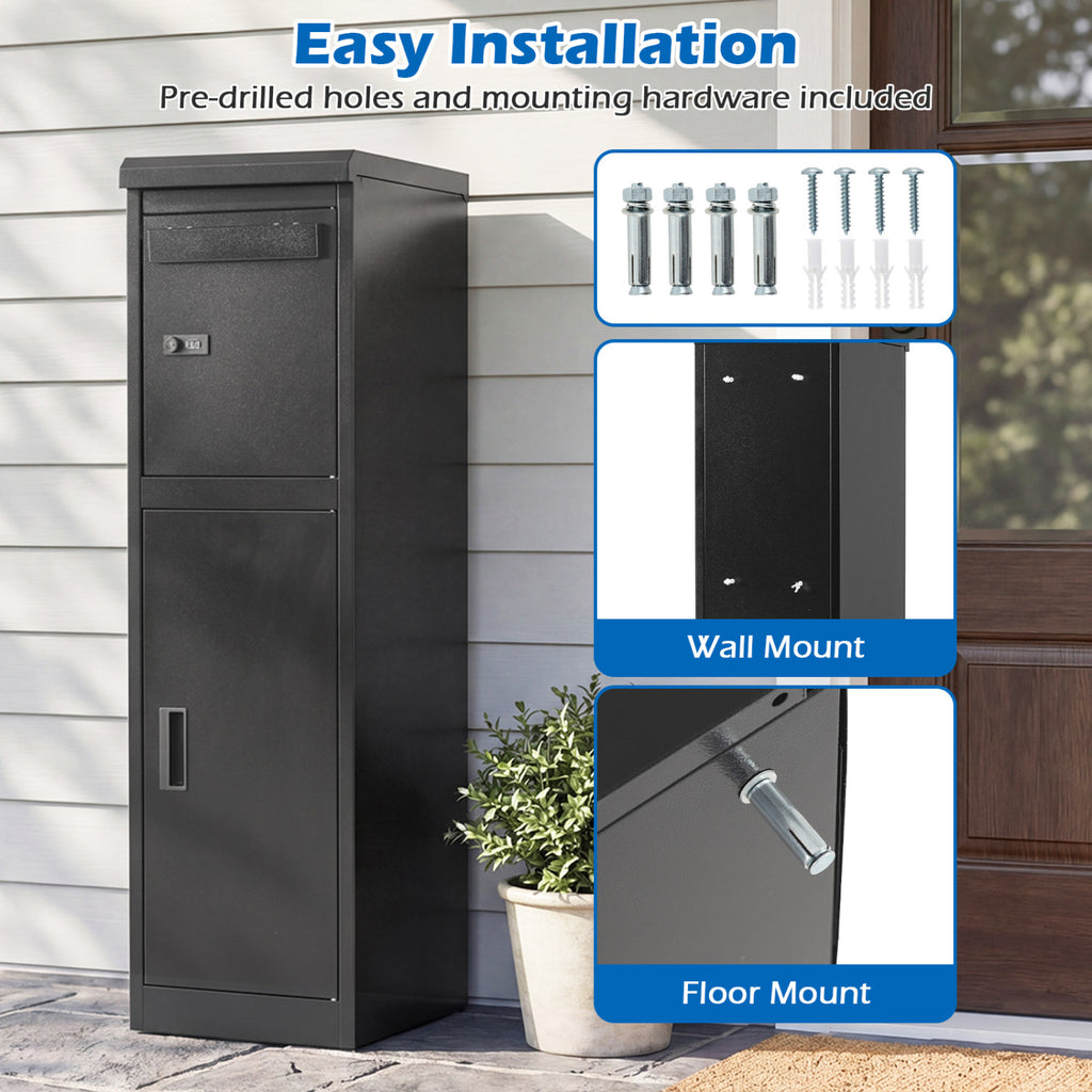 Outdoor Package Delivery Box with Lockable Doors - 44 Inch H with Mailbox, Black