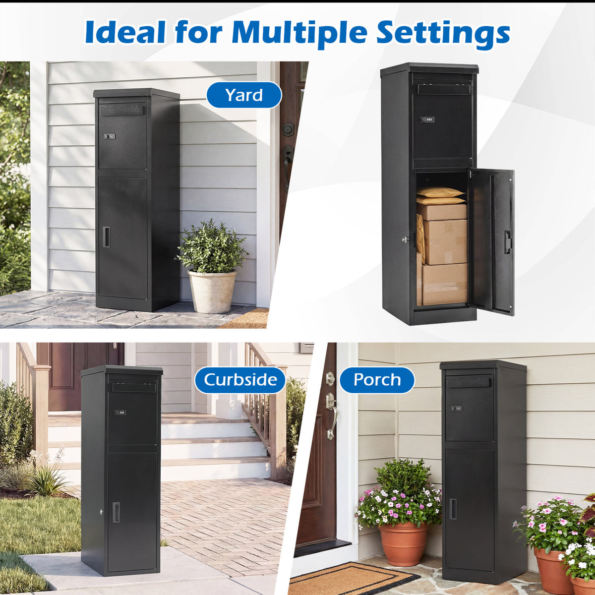 Outdoor Package Delivery Box with Lockable Doors - 44 Inch H with Mailbox, Black