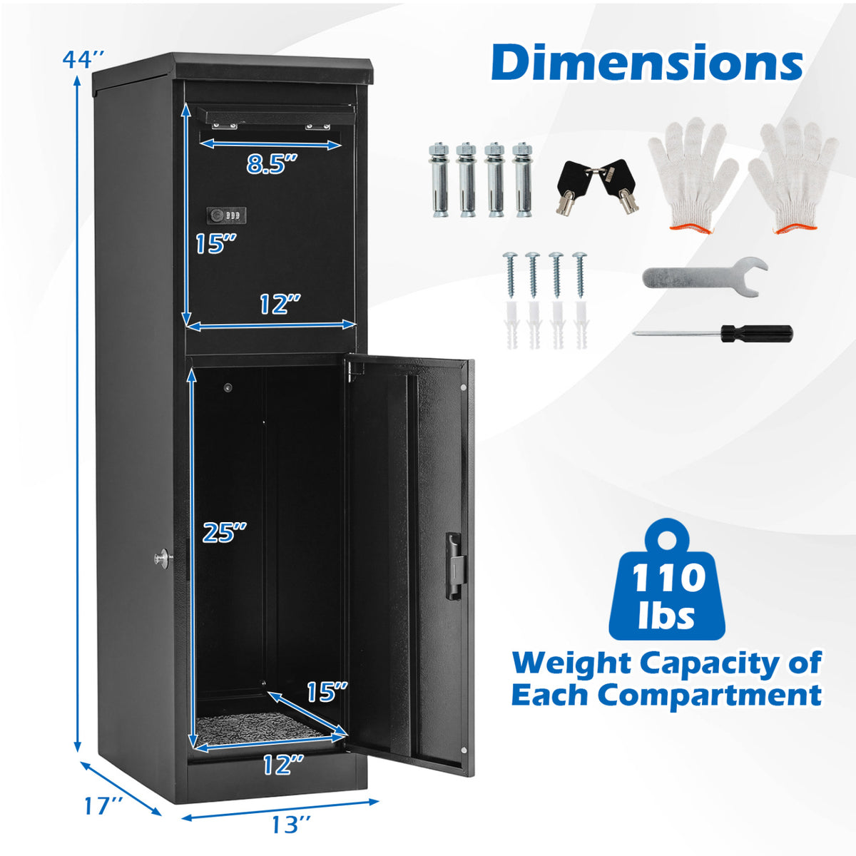 Outdoor Package Delivery Box with Lockable Doors - 44 Inch H with Mailbox, Black