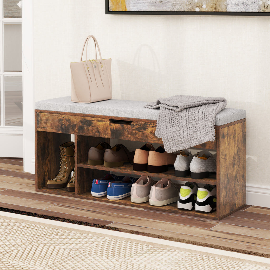 Padded Shoe Storage Bench with Hidden Compartment - Coffee