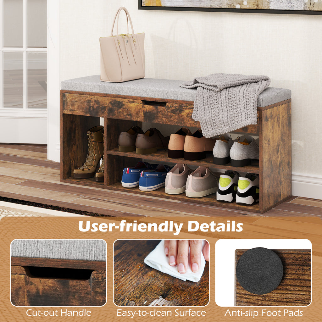 Padded Shoe Storage Bench with Hidden Compartment - Coffee