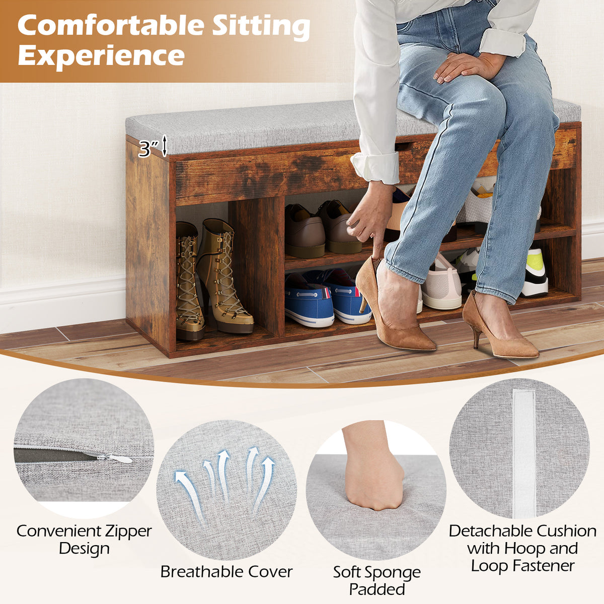 Padded Shoe Storage Bench with Hidden Compartment - Coffee