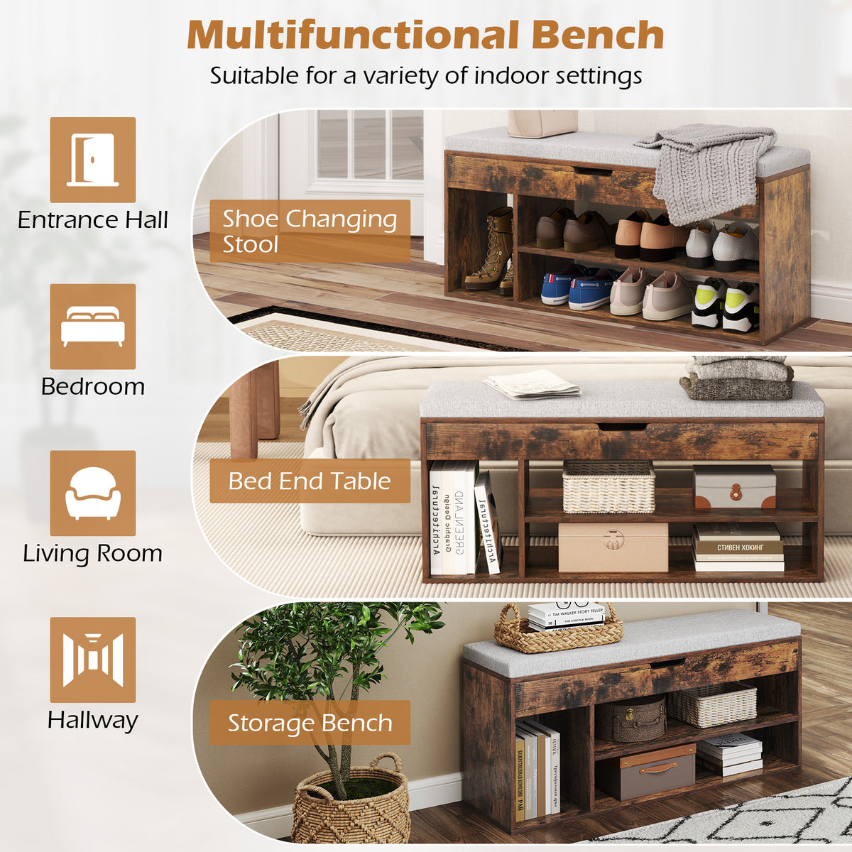 Padded Shoe Storage Bench with Hidden Compartment - Coffee