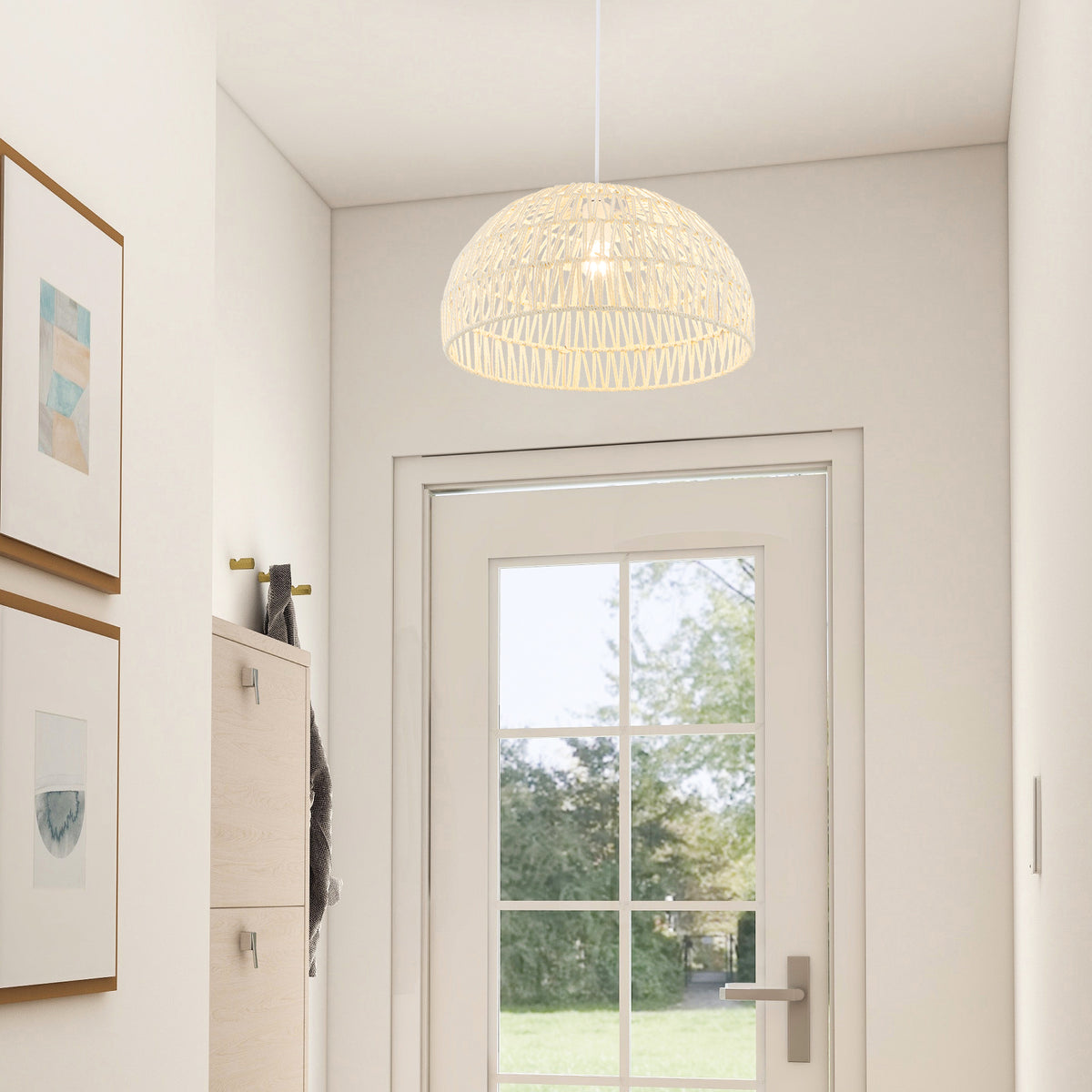Farmhouse Rattan Pendant Light with Adjustable Rope - Half Round, Beige