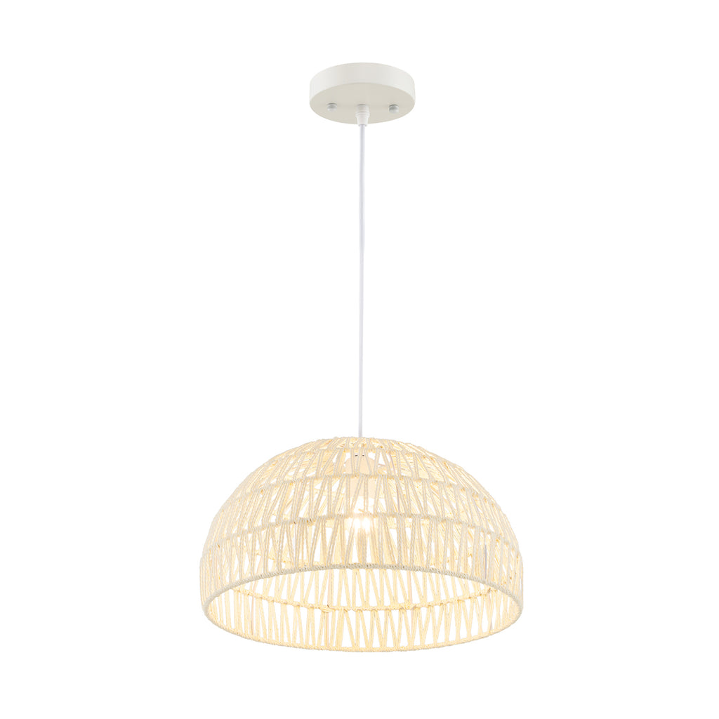 Beige Round Farmhouse Rattan Pendant Light with Adjustable Rope - 12 Inch