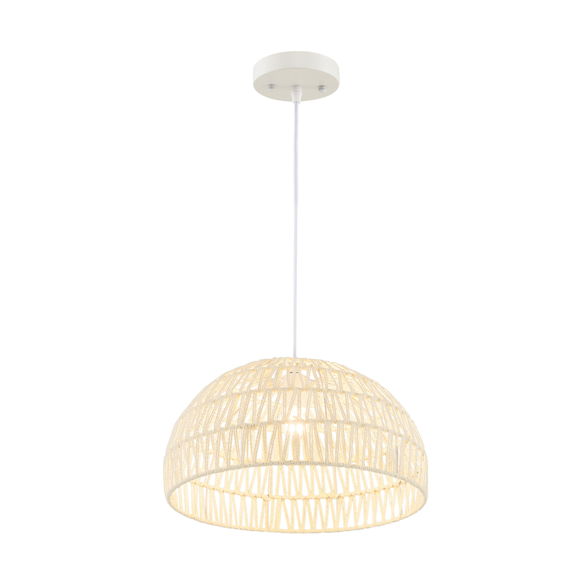 Beige Round Farmhouse Rattan Pendant Light with Adjustable Rope - 12 Inch