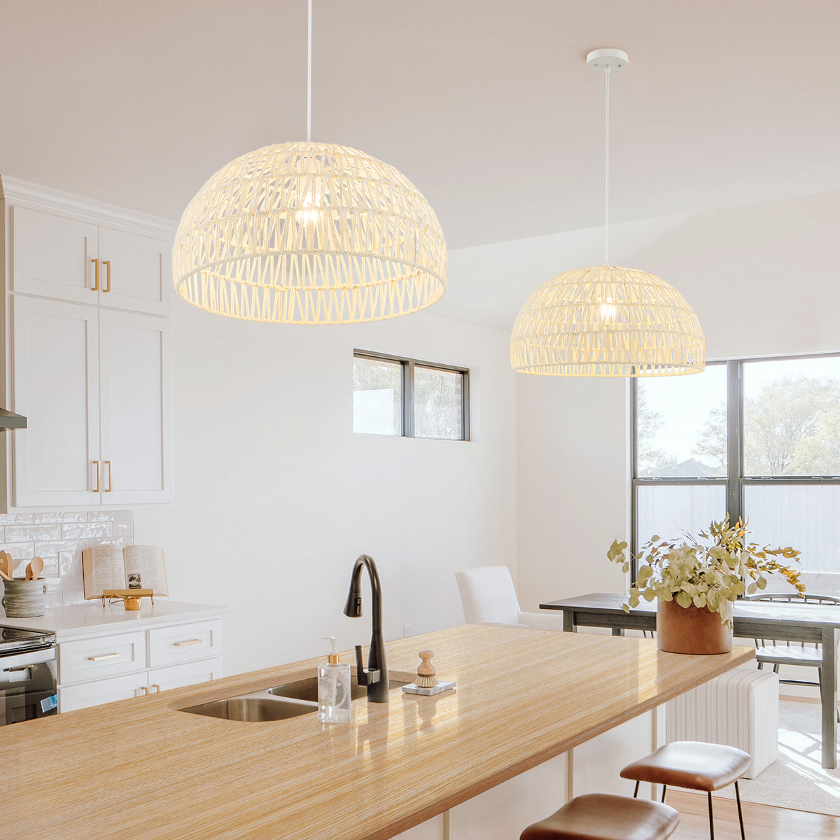 Farmhouse Rattan Pendant Light with Adjustable Rope - Half Round, Beige