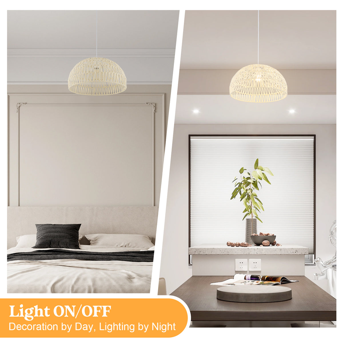 Farmhouse Rattan Pendant Light with Adjustable Rope - Half Round, Beige
