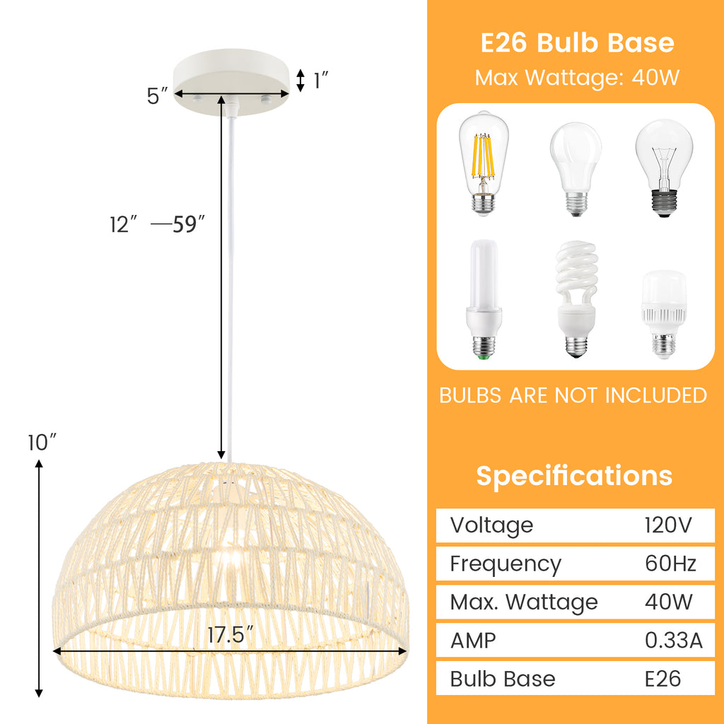 Farmhouse Rattan Pendant Light with Adjustable Rope - Half Round, Beige