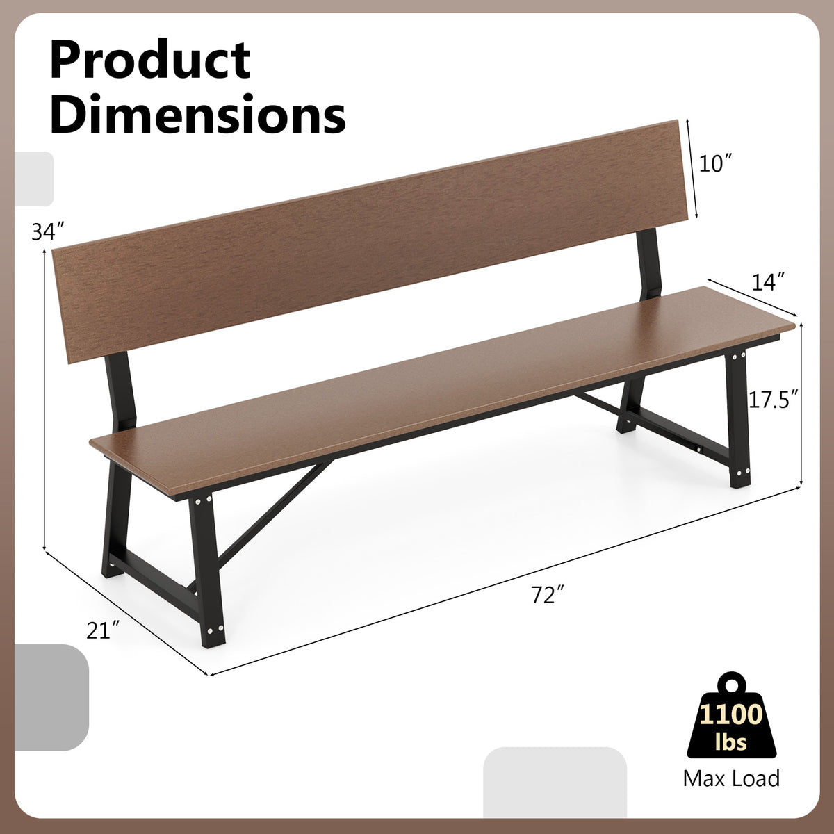 72 Inch Extra Long Bench with All-Weather HDPE Seat & Back for Yard