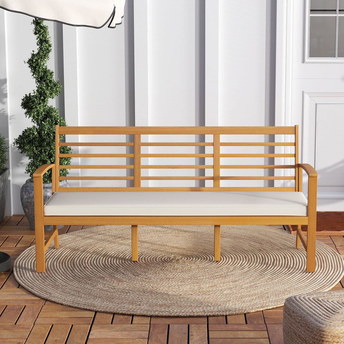 Patio 64 Inch Wood Bench with Seat Cushion and Slatted for Backyard