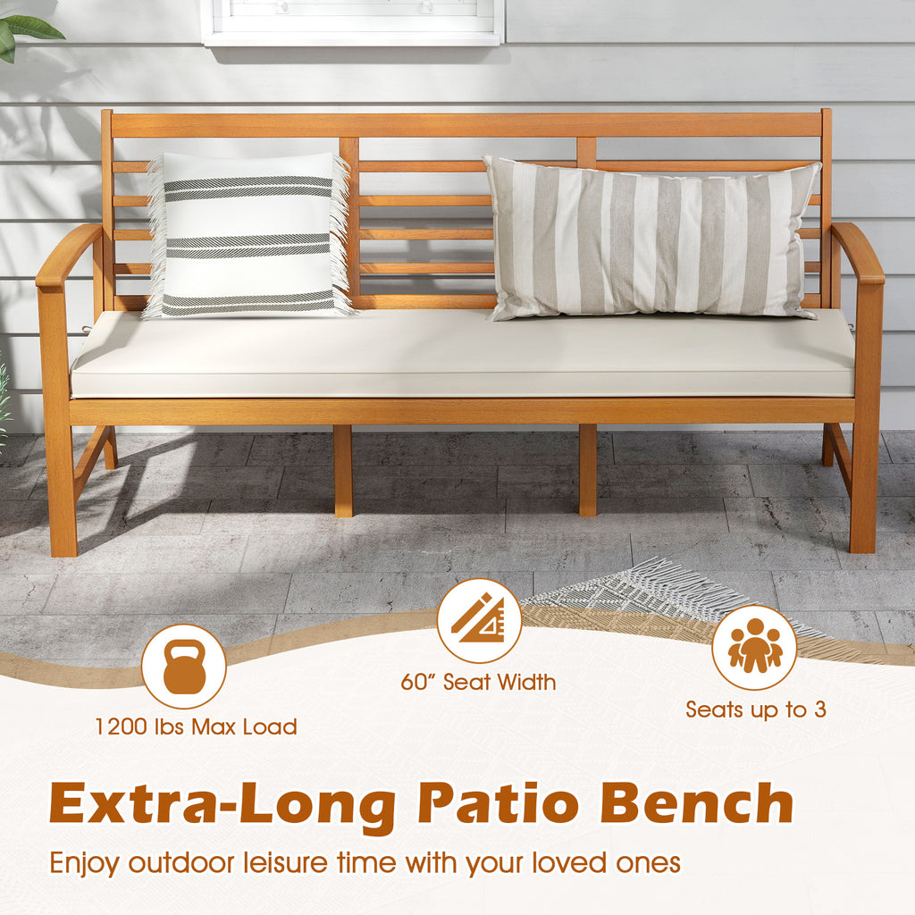 Patio 64 Inch Wood Bench with Seat Cushion and Slatted for Backyard