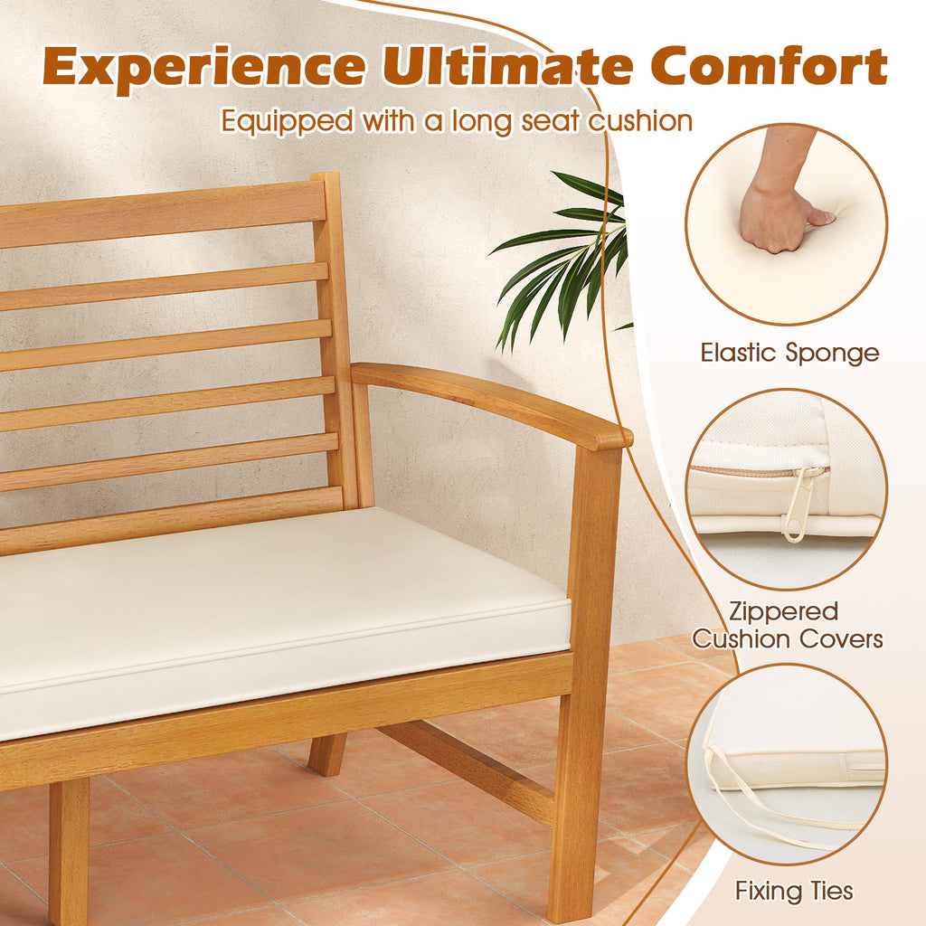 Patio 64 Inch Wood Bench with Seat Cushion and Slatted for Backyard